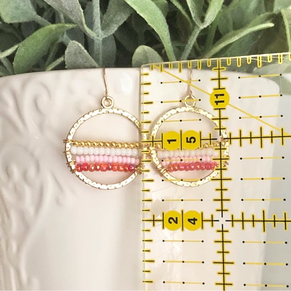 New Hand Beaded Wrapped Wire Dangle Hoop Earrings Striped Pastel Pink Unique - Picture 2 of 6